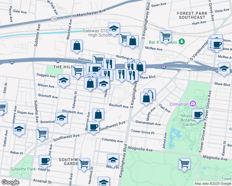 map of restaurants, bars, coffee shops, grocery stores, and more near 2100 Boardman Street in St. Louis