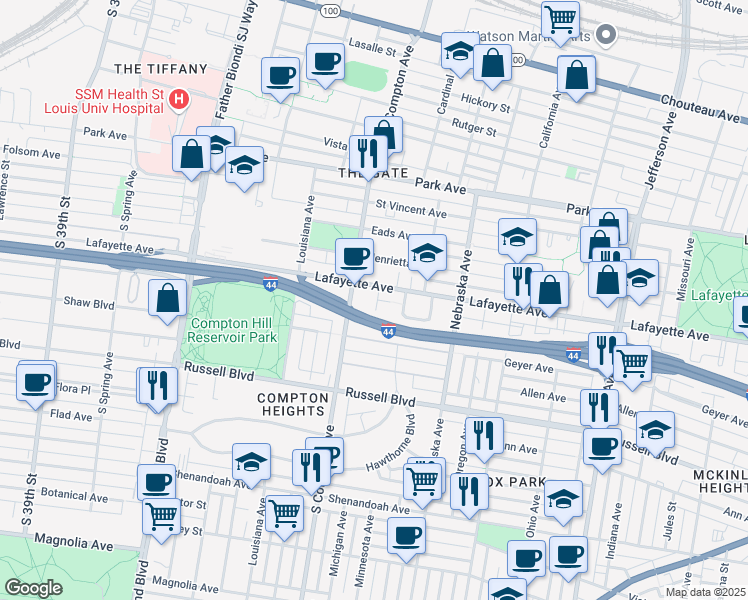 map of restaurants, bars, coffee shops, grocery stores, and more near 1713 Michigan Avenue in St. Louis