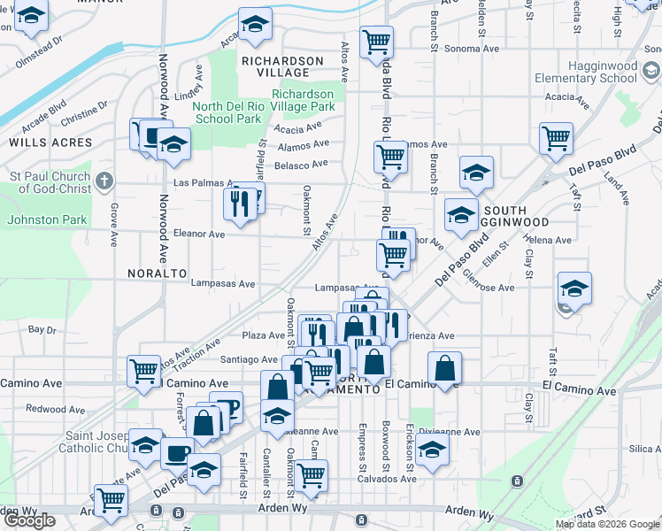 map of restaurants, bars, coffee shops, grocery stores, and more near 2625 Beaumont Street in Sacramento