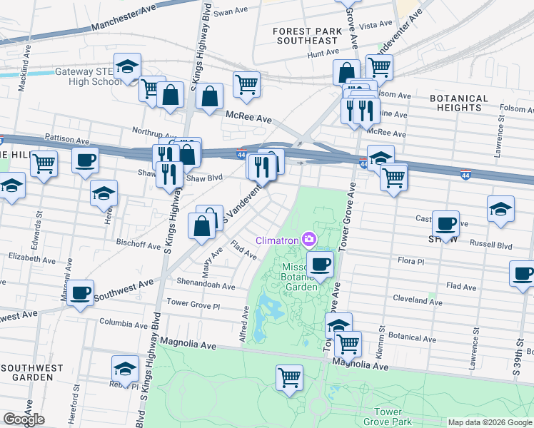 map of restaurants, bars, coffee shops, grocery stores, and more near 1902 Maury Avenue in St. Louis