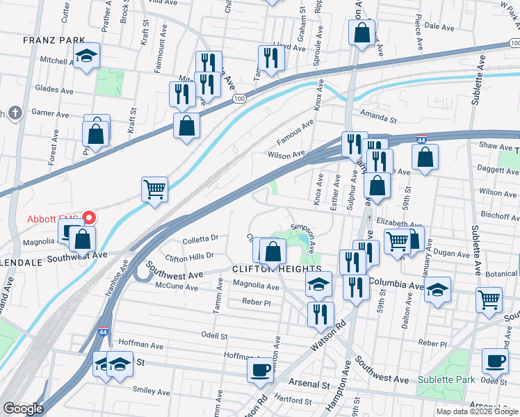 map of restaurants, bars, coffee shops, grocery stores, and more near 2190 Clifton Avenue in St. Louis