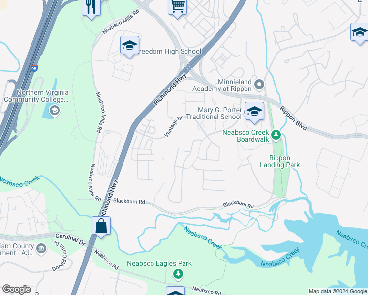 map of restaurants, bars, coffee shops, grocery stores, and more near 15636 Weathervane Terrace in Woodbridge