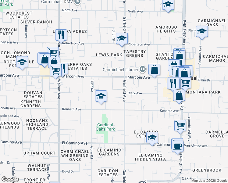 map of restaurants, bars, coffee shops, grocery stores, and more near 2835 La Colina Way in Carmichael
