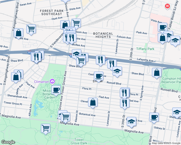 map of restaurants, bars, coffee shops, grocery stores, and more near 4136 Shaw Boulevard in St. Louis