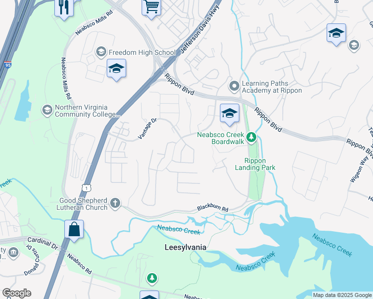 map of restaurants, bars, coffee shops, grocery stores, and more near 15505 Chicacoan Drive in Woodbridge