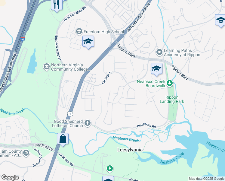 map of restaurants, bars, coffee shops, grocery stores, and more near 15626 Weathervane Trail in Woodbridge