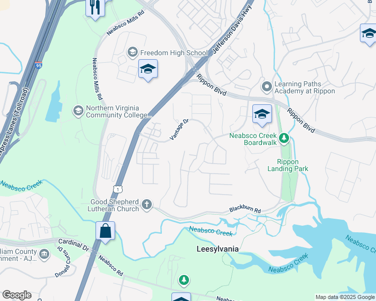 map of restaurants, bars, coffee shops, grocery stores, and more near 15626 Weathervane Trail in Woodbridge
