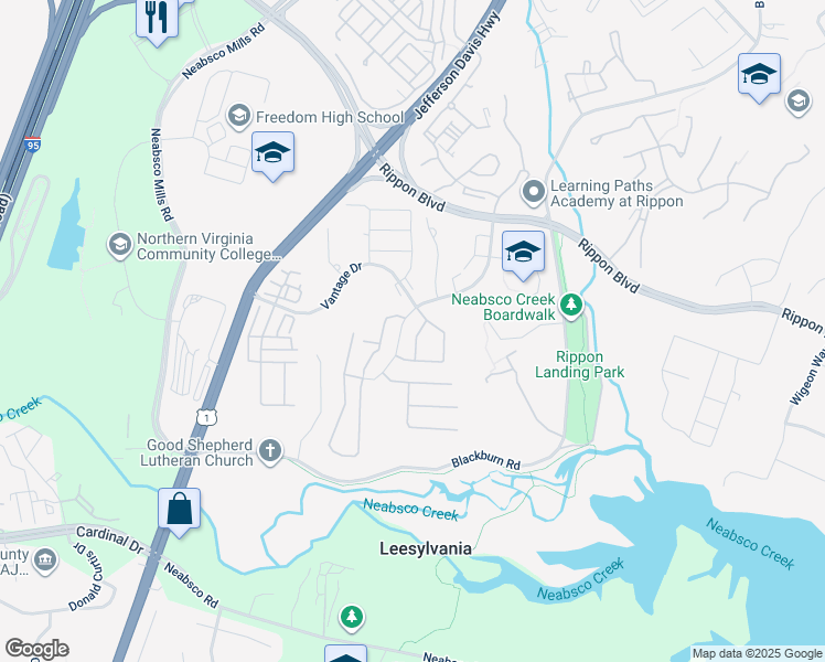map of restaurants, bars, coffee shops, grocery stores, and more near 15510 Chicacoan Drive in Woodbridge