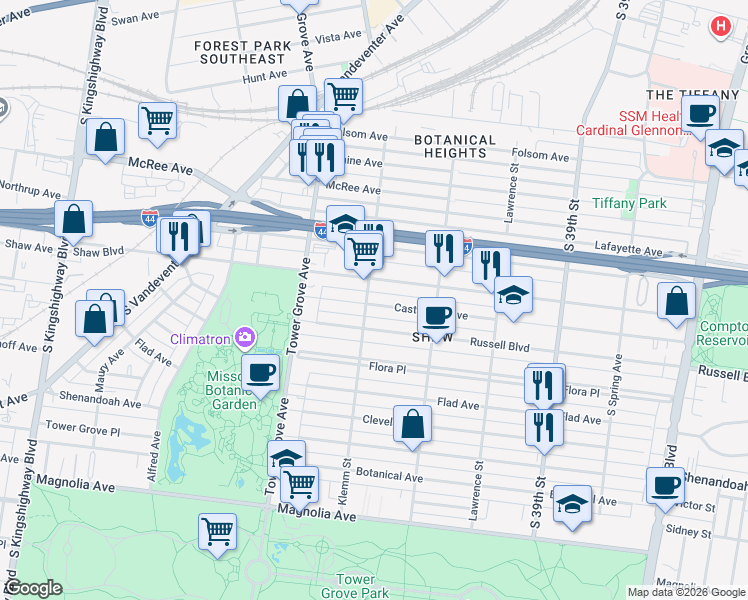 map of restaurants, bars, coffee shops, grocery stores, and more near 4178 Shaw Boulevard in St. Louis