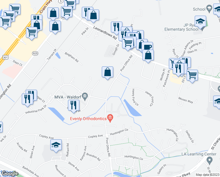 map of restaurants, bars, coffee shops, grocery stores, and more near in Waldorf