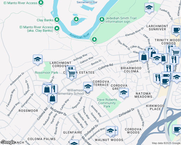 map of restaurants, bars, coffee shops, grocery stores, and more near 10853 Coloma Road in Rancho Cordova