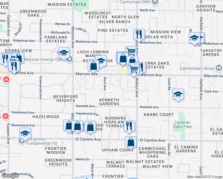 map of restaurants, bars, coffee shops, grocery stores, and more near 2804 Root Avenue in Carmichael