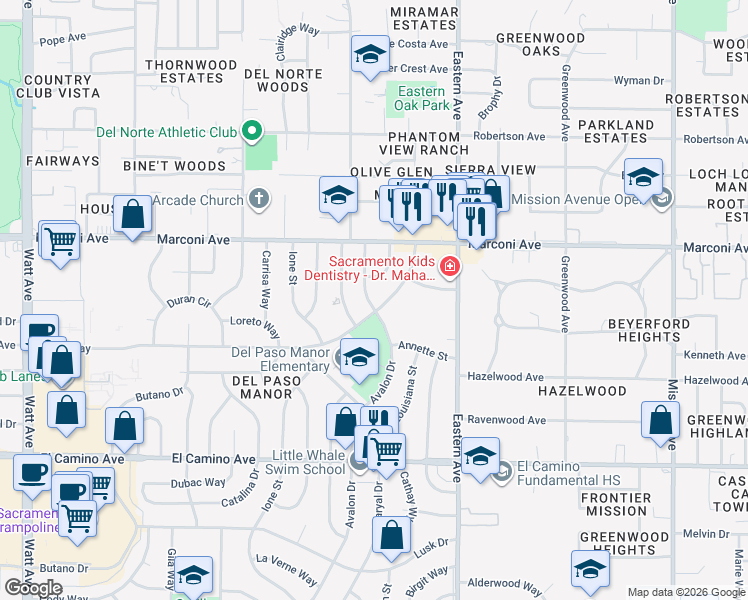 map of restaurants, bars, coffee shops, grocery stores, and more near 2812 Avalon Drive in Sacramento