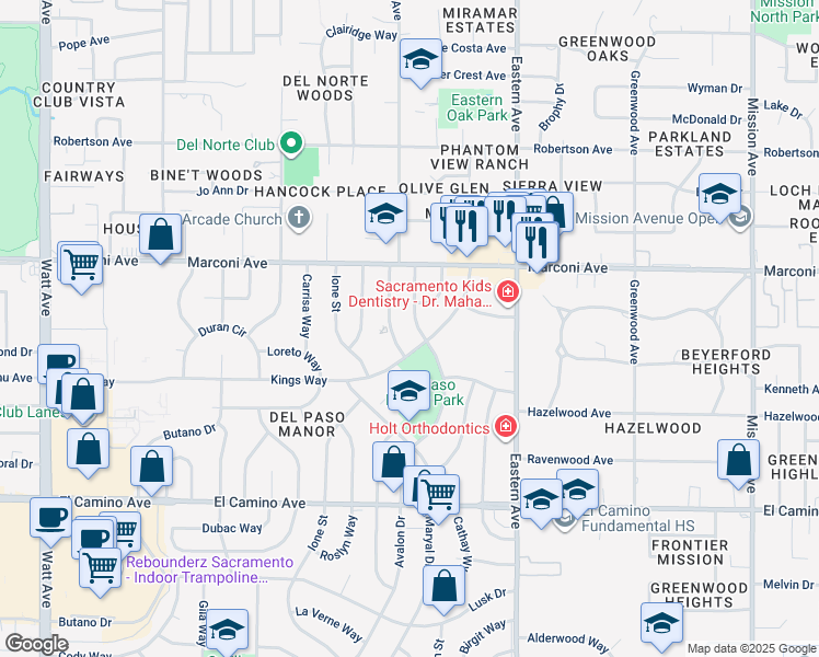 map of restaurants, bars, coffee shops, grocery stores, and more near 2812 Avalon Drive in Sacramento