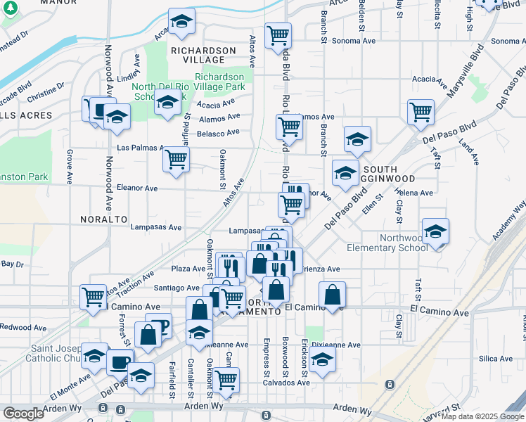 map of restaurants, bars, coffee shops, grocery stores, and more near 2644 Beaumont Street in Sacramento