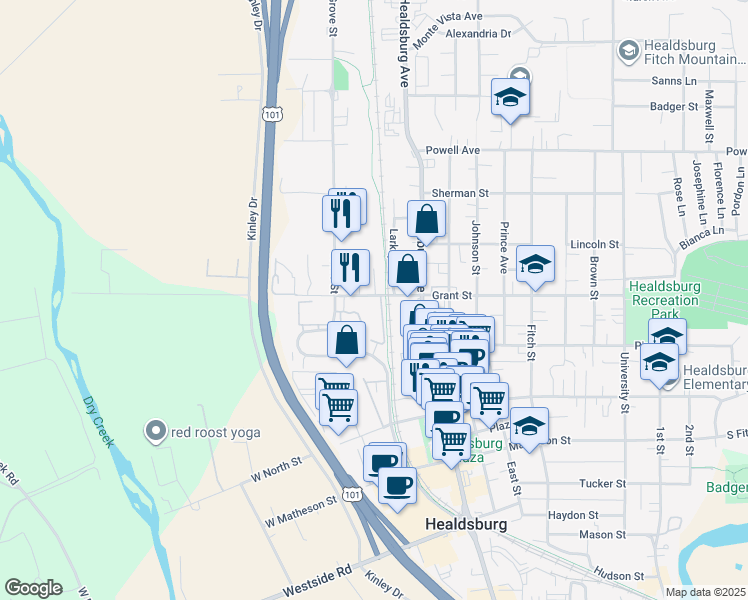 map of restaurants, bars, coffee shops, grocery stores, and more near 55 West Grant Street in Healdsburg