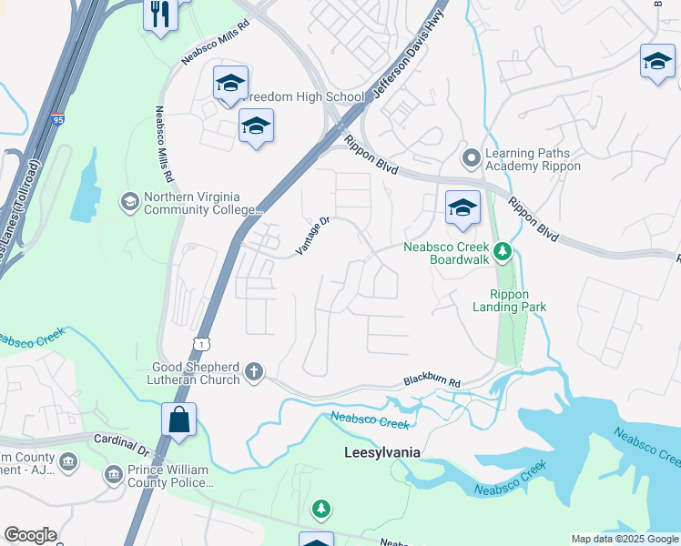map of restaurants, bars, coffee shops, grocery stores, and more near 15560 Horseshoe Lane in Woodbridge