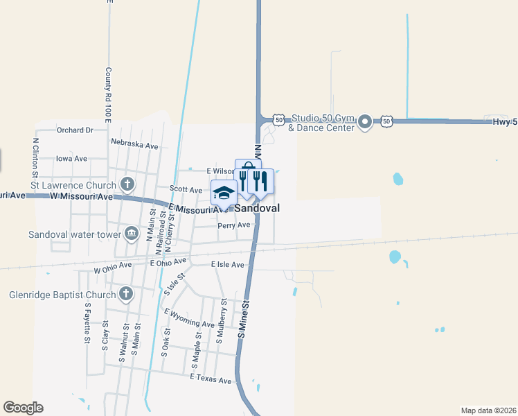 map of restaurants, bars, coffee shops, grocery stores, and more near 544 North Mine Street in Sandoval