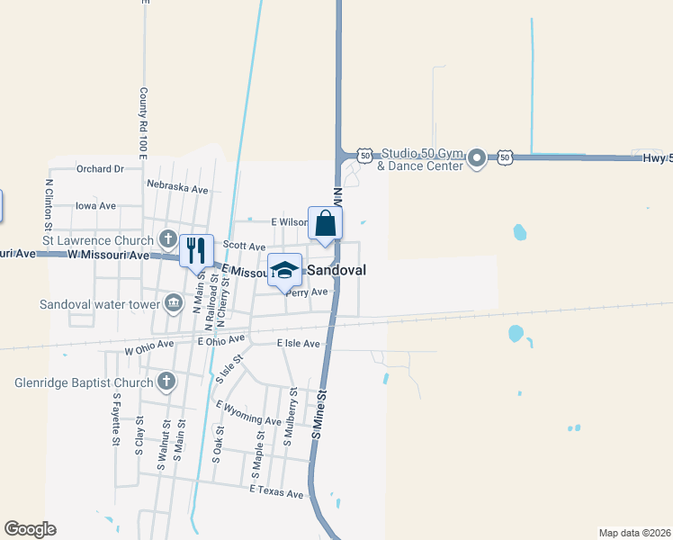 map of restaurants, bars, coffee shops, grocery stores, and more near in Sandoval