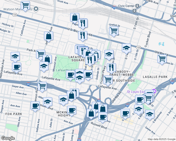 map of restaurants, bars, coffee shops, grocery stores, and more near 1425 South 18th Street in St. Louis