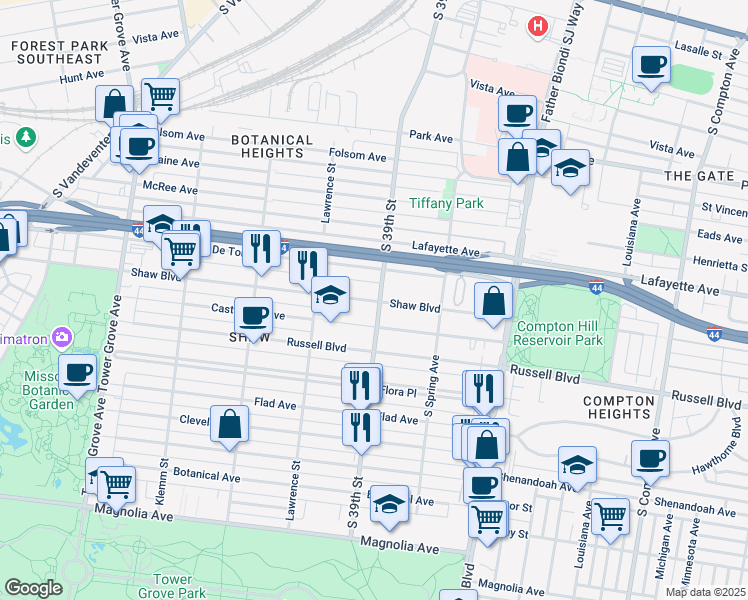 map of restaurants, bars, coffee shops, grocery stores, and more near in St. Louis