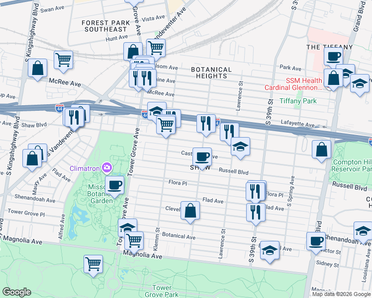 map of restaurants, bars, coffee shops, grocery stores, and more near 4136 Shaw Boulevard in St. Louis