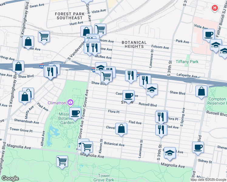 map of restaurants, bars, coffee shops, grocery stores, and more near 4178 Shaw Boulevard in St. Louis