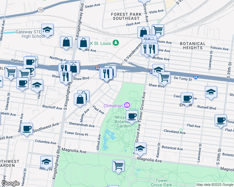 map of restaurants, bars, coffee shops, grocery stores, and more near 1902 Maury Avenue in St. Louis