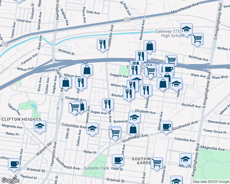 map of restaurants, bars, coffee shops, grocery stores, and more near 2116 Sublette Avenue in St. Louis