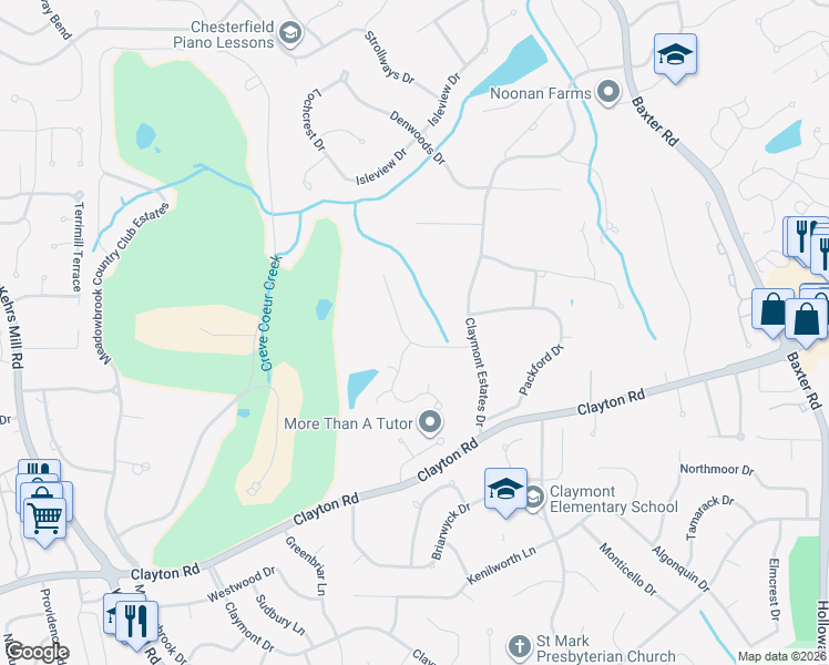map of restaurants, bars, coffee shops, grocery stores, and more near 509 Redondo Drive in Chesterfield