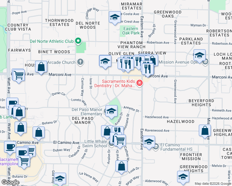 map of restaurants, bars, coffee shops, grocery stores, and more near 2812 Avalon Drive in Sacramento