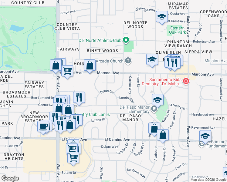 map of restaurants, bars, coffee shops, grocery stores, and more near 3805 Duran Circle in Sacramento