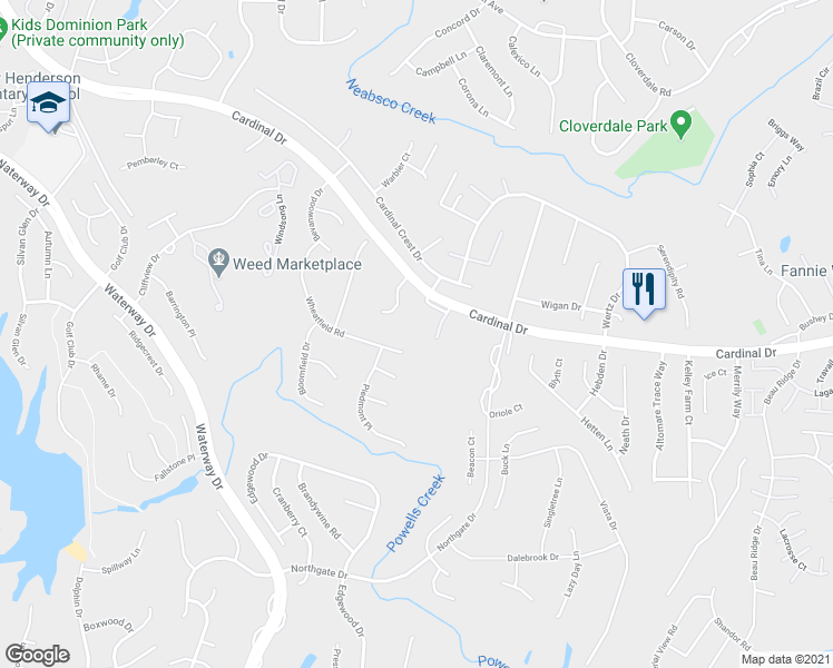 map of restaurants, bars, coffee shops, grocery stores, and more near 15418 Cardinal Drive in Woodbridge