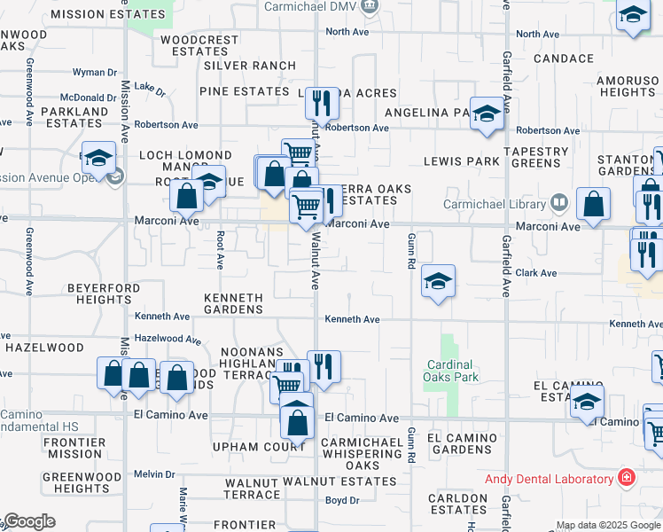 map of restaurants, bars, coffee shops, grocery stores, and more near 2800 Walnut Avenue in Carmichael