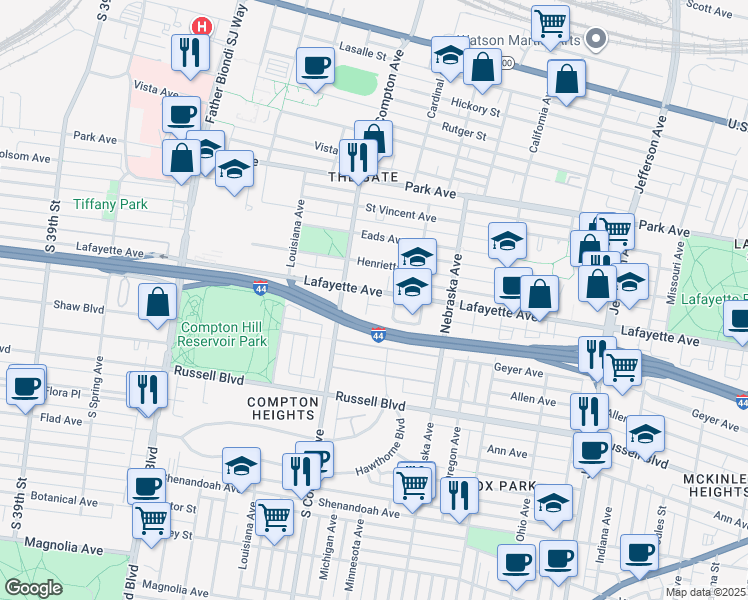 map of restaurants, bars, coffee shops, grocery stores, and more near 3120 Lafayette Avenue in St. Louis