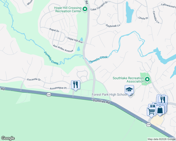 map of restaurants, bars, coffee shops, grocery stores, and more near 5536 Hobsons Choice Loop in Manassas