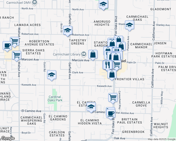 map of restaurants, bars, coffee shops, grocery stores, and more near 5621 Clark Avenue in Carmichael