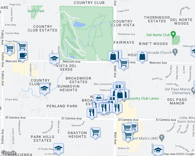 map of restaurants, bars, coffee shops, grocery stores, and more near 2821 Walton Way in Sacramento
