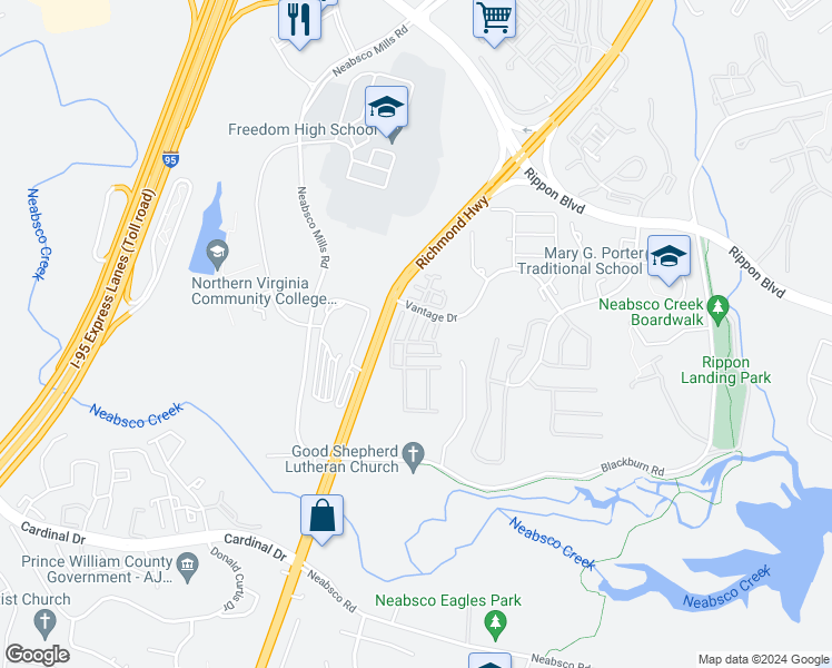 map of restaurants, bars, coffee shops, grocery stores, and more near 15528 John Diskin Circle in Woodbridge