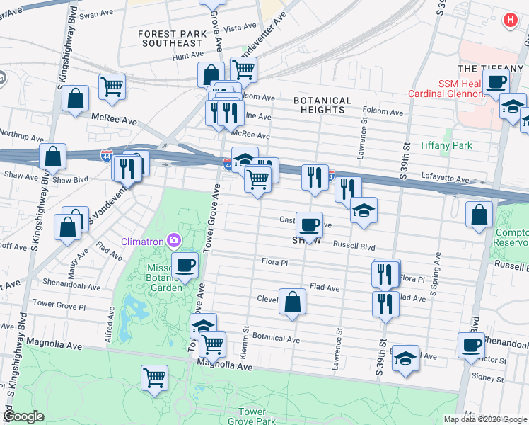 map of restaurants, bars, coffee shops, grocery stores, and more near 4178 Shaw Boulevard in St. Louis
