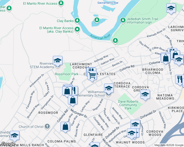 map of restaurants, bars, coffee shops, grocery stores, and more near 2028 Benita Drive in Rancho Cordova