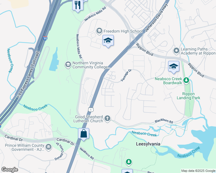 map of restaurants, bars, coffee shops, grocery stores, and more near 15528 John Diskin Circle in Woodbridge