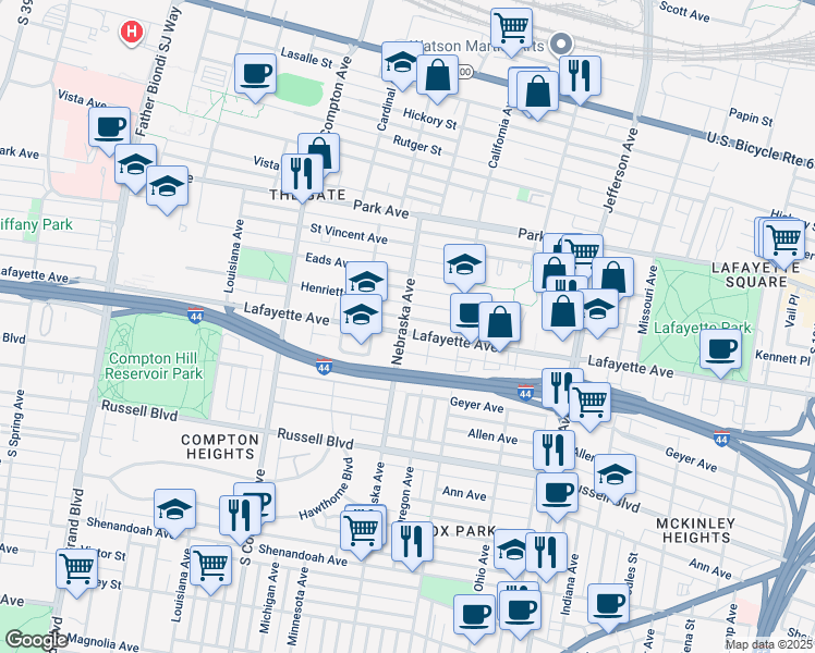 map of restaurants, bars, coffee shops, grocery stores, and more near 2857 Lafayette Avenue in St. Louis