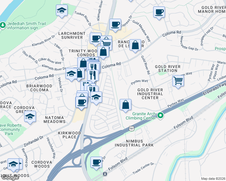map of restaurants, bars, coffee shops, grocery stores, and more near 93 Wilderness Road in Rancho Cordova