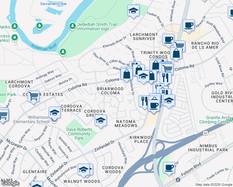 map of restaurants, bars, coffee shops, grocery stores, and more near 2316 Filmore Lane in Rancho Cordova