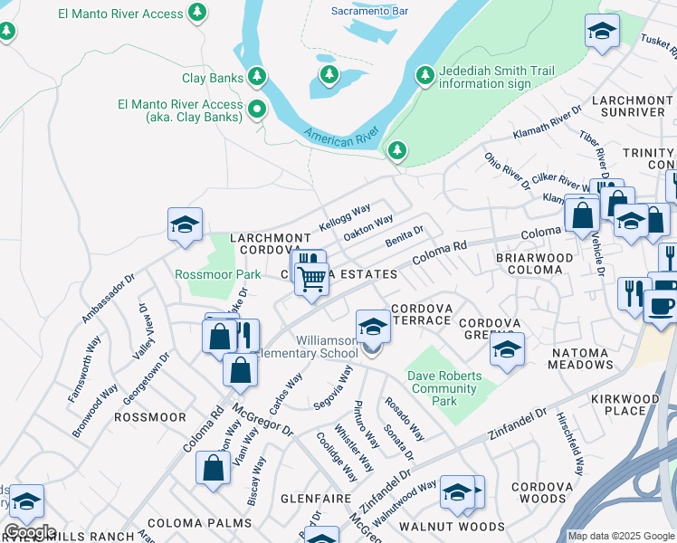 map of restaurants, bars, coffee shops, grocery stores, and more near 2005 Benita Drive in Rancho Cordova