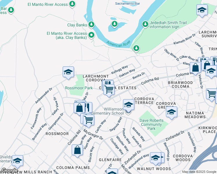 map of restaurants, bars, coffee shops, grocery stores, and more near 2028 Benita Drive in Rancho Cordova