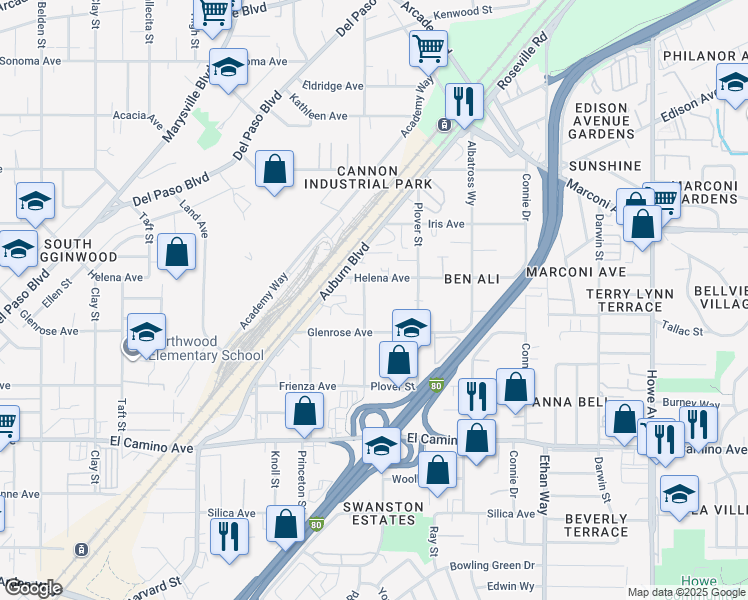 map of restaurants, bars, coffee shops, grocery stores, and more near 2749 Crosby Way in Sacramento