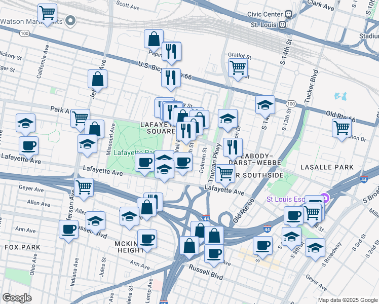 map of restaurants, bars, coffee shops, grocery stores, and more near 1425 South 18th Street in St. Louis