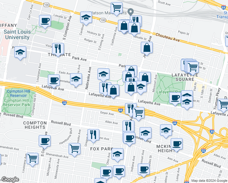 map of restaurants, bars, coffee shops, grocery stores, and more near 1601 Ohio Avenue in St. Louis